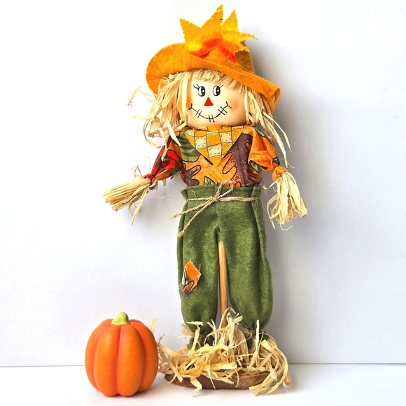 Other - 3/10$ VTG Ceramic Pumpkin 2" / 11" Scarecrow Wood Base Autumn Decor Orange/Green